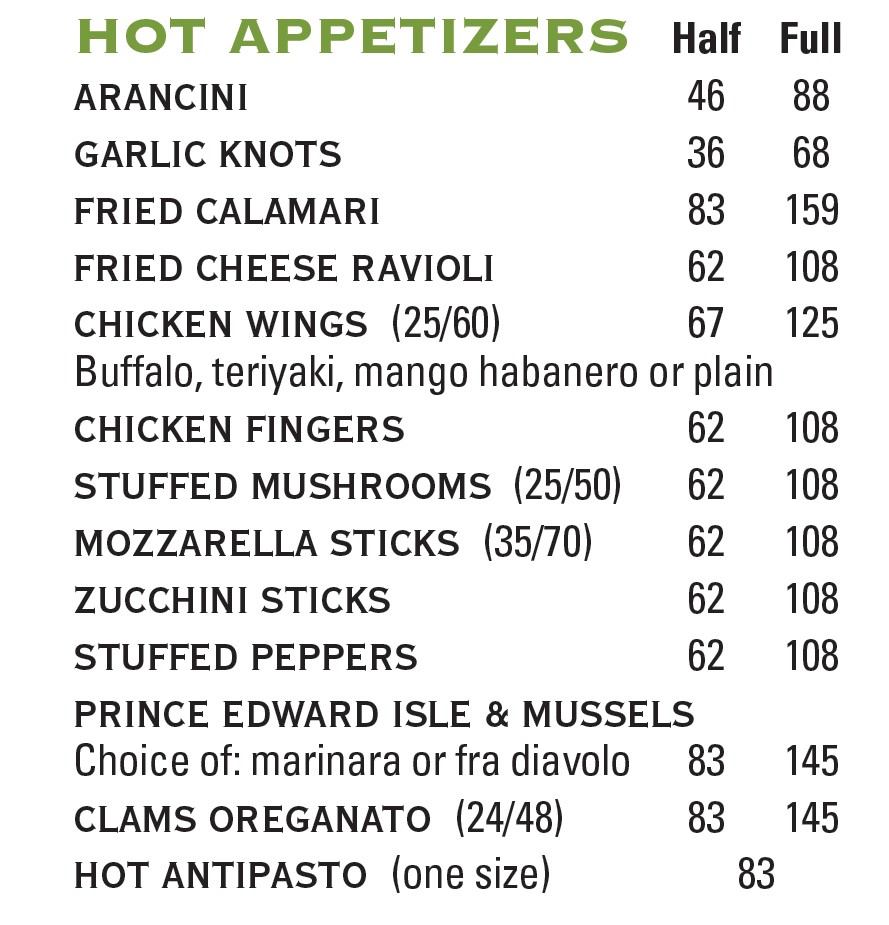 Catering menu hot appetizers
