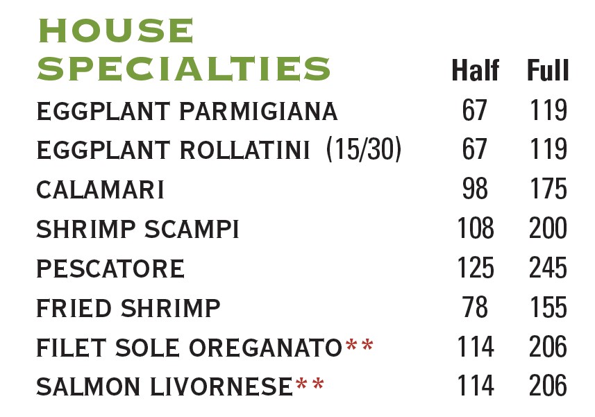 Catering Menu - Eggplant and seafood items