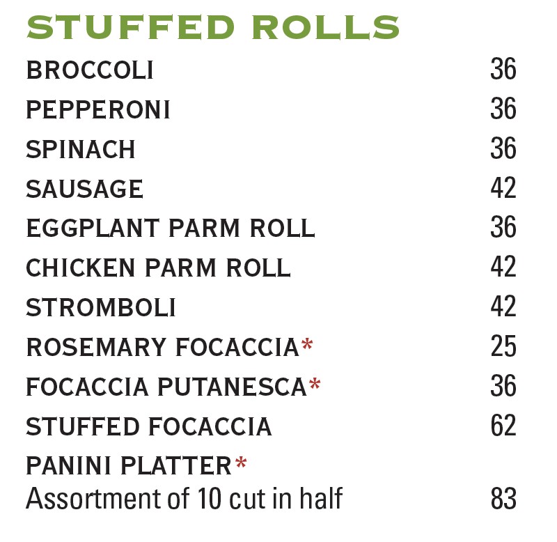 Catering menu stuffed rolls menu