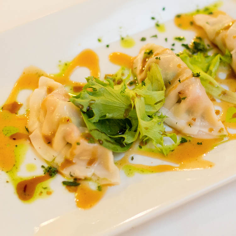 Dumplings with sauce on white plate